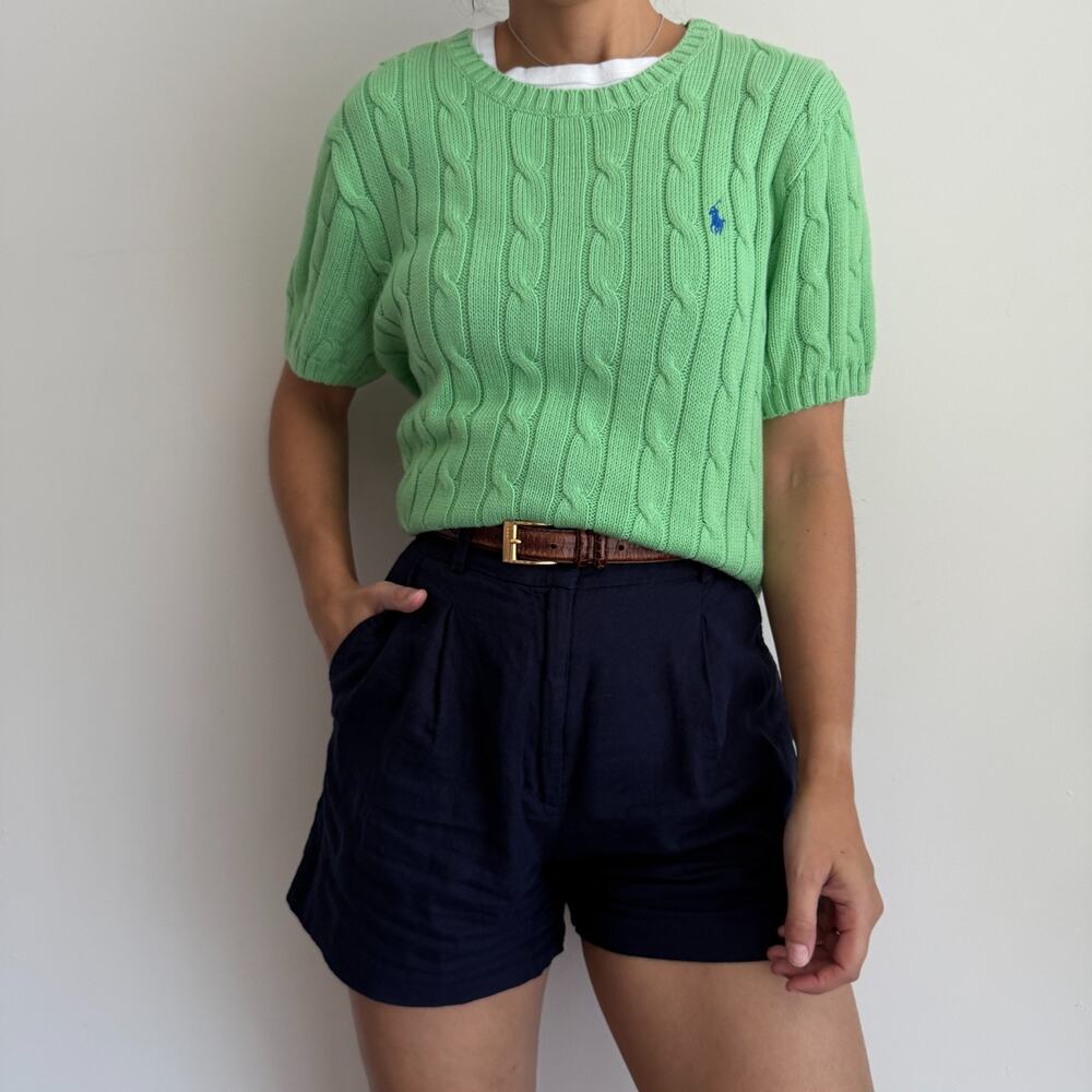 Polo Ralph Lauren Sweater Womens XL Green Short Sleeve Cable Knit Preppy Luxury